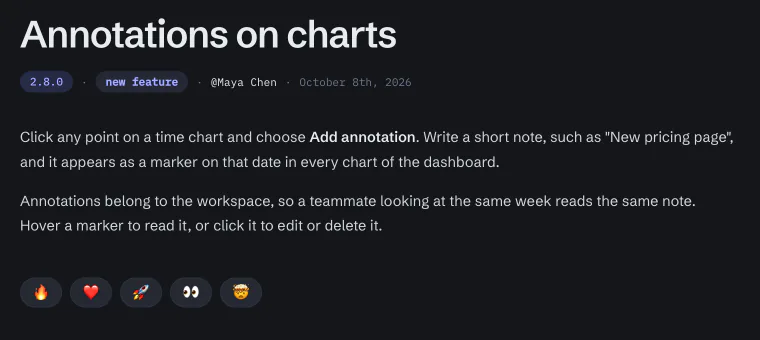 A changelog entry on the portal, with its version, type and reactions