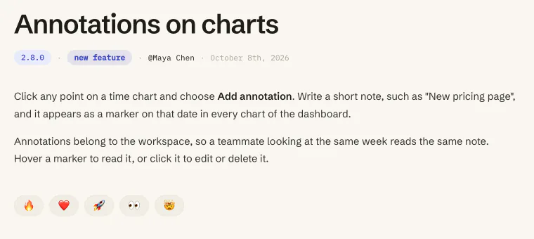 A changelog entry on the portal, with its version, type and reactions