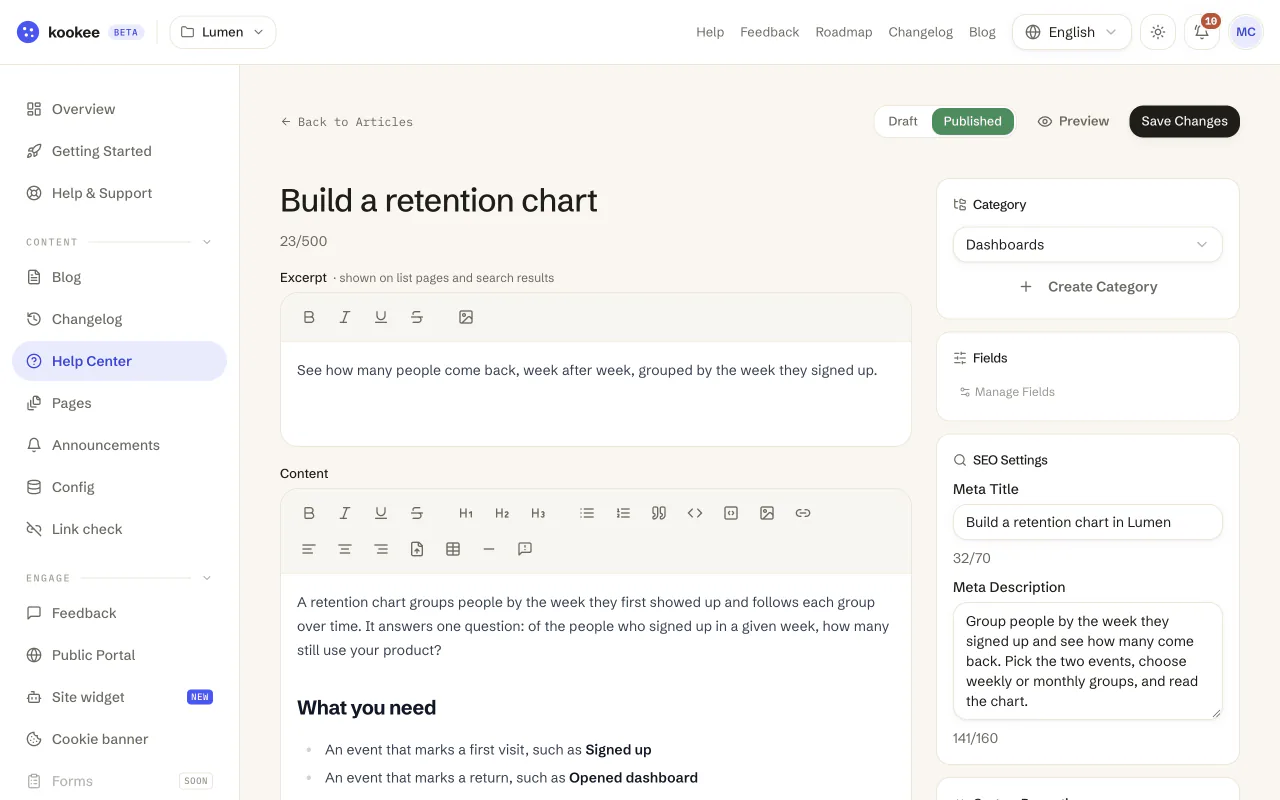 The Kookee editor with a help article open, its category and its SEO fields