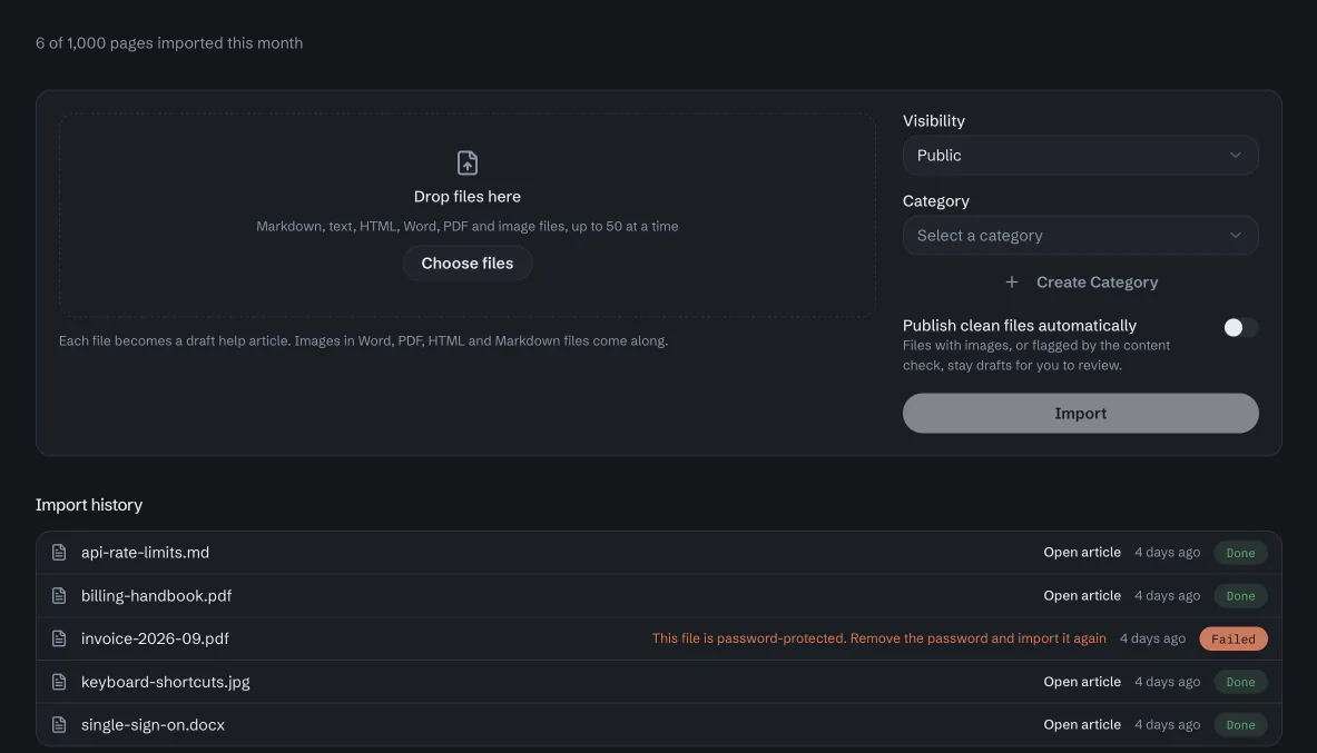 The help center import screen: the file types it takes, the visibility of new articles and the import history