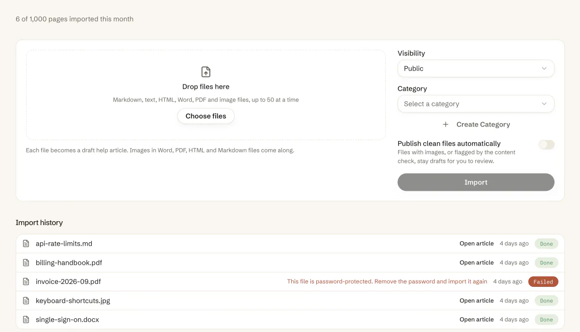 The help center import screen: the file types it takes, the visibility of new articles and the import history