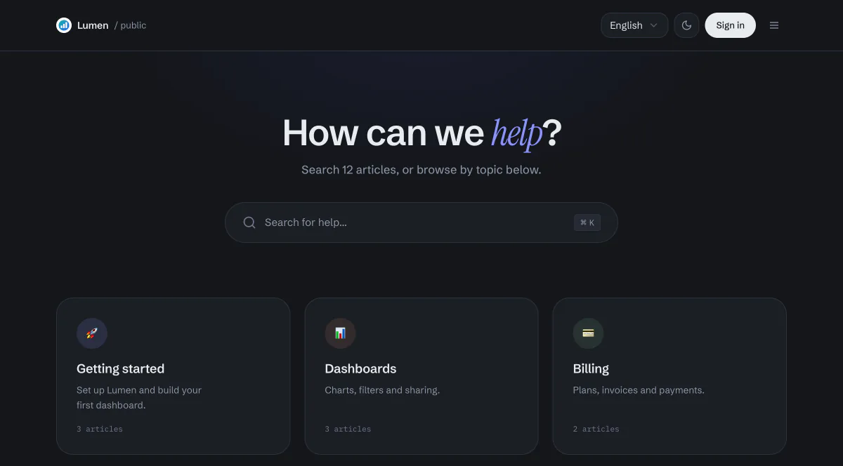 A help center on the hosted portal: search and the project's categories