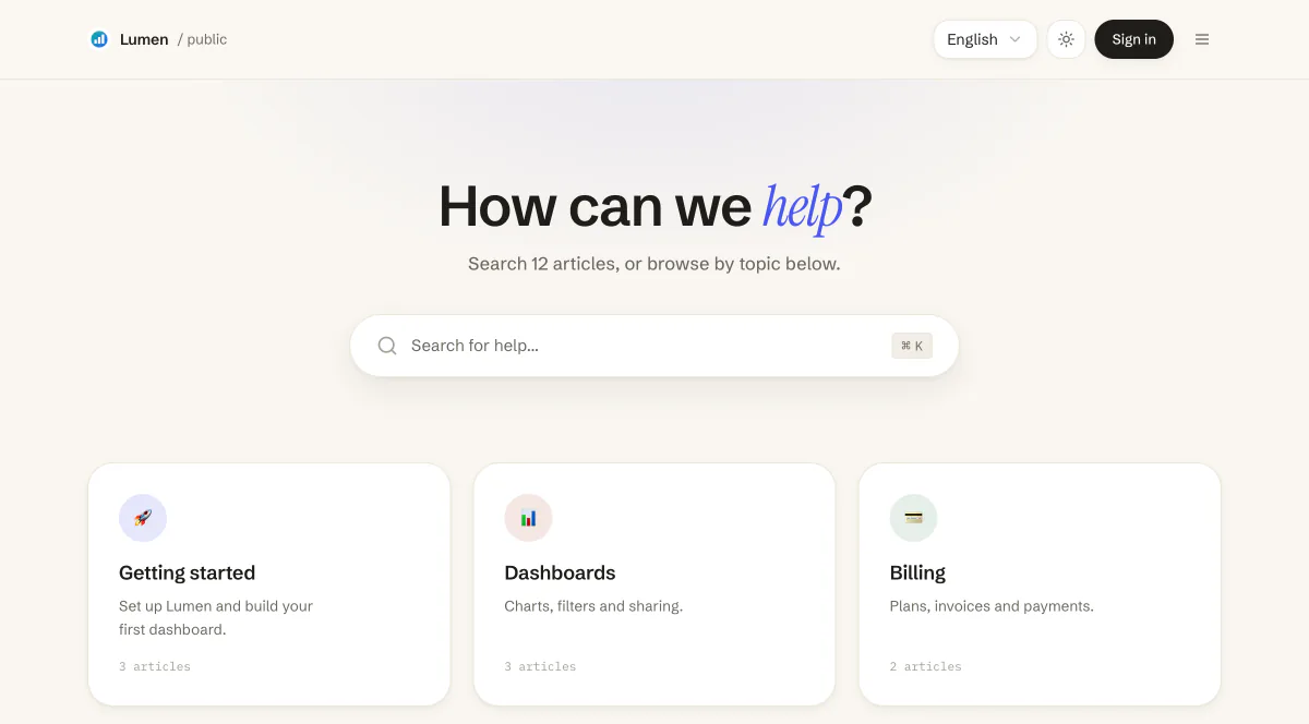 A help center on the hosted portal: search and the project's categories