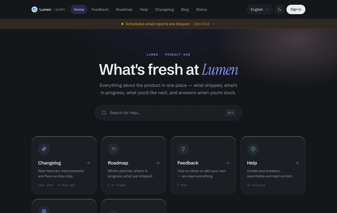 The hosted portal's home page: search and a card for each of the project's pages