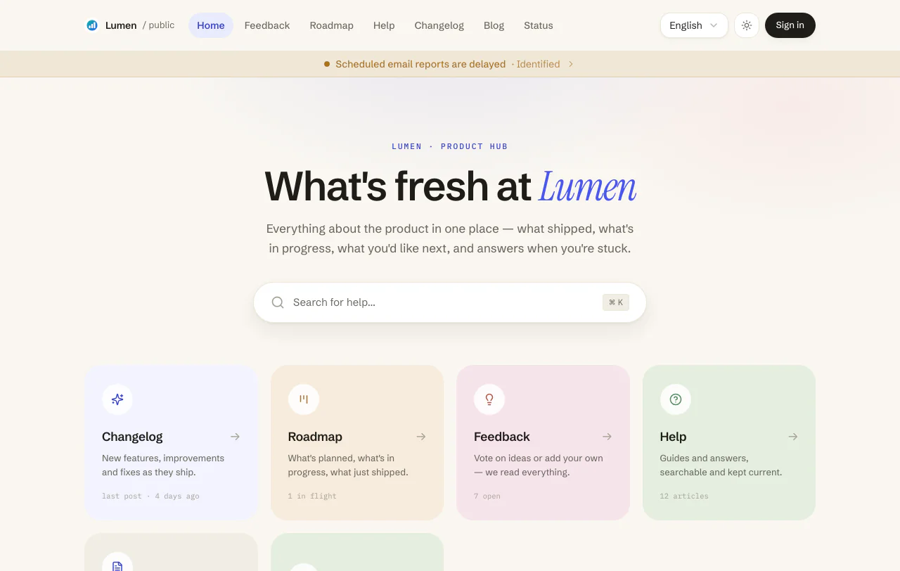 The hosted portal's home page: search and a card for each of the project's pages