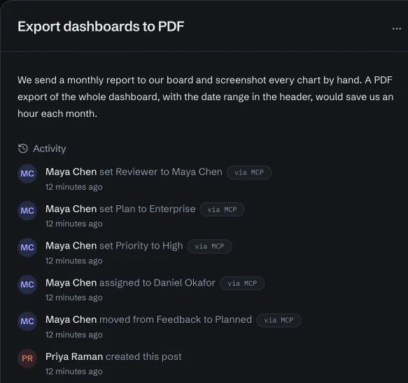 A feedback post's activity: a move, an assignee and three fields, each set by an agent and marked via MCP
