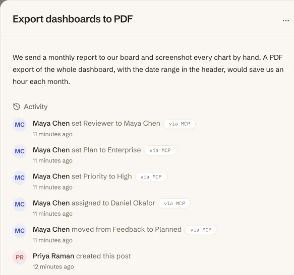 A feedback post's activity: a move, an assignee and three fields, each set by an agent and marked via MCP