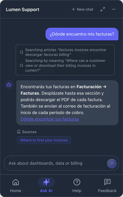 The widget answering a question asked in Spanish, in Spanish, with the article it used