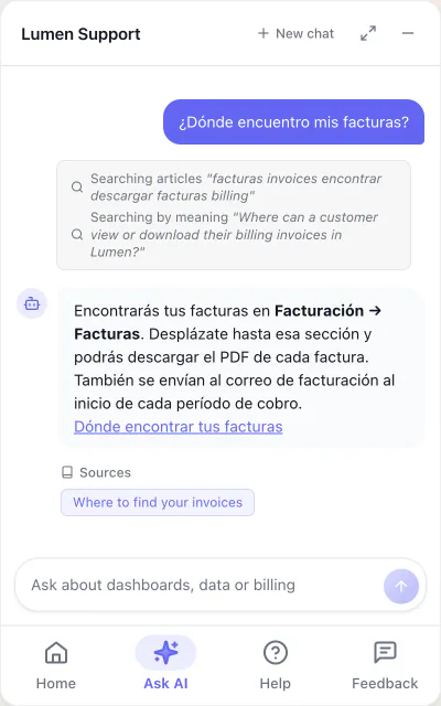 The widget answering a question asked in Spanish, in Spanish, with the article it used