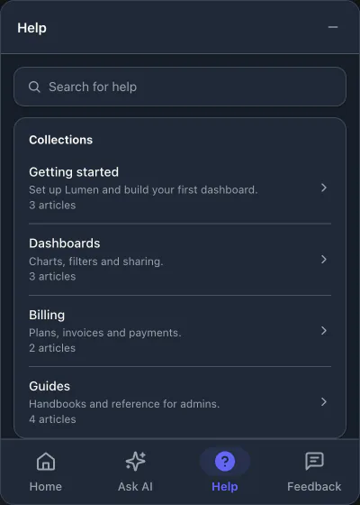 The widget's Help tab: search and the help center's categories
