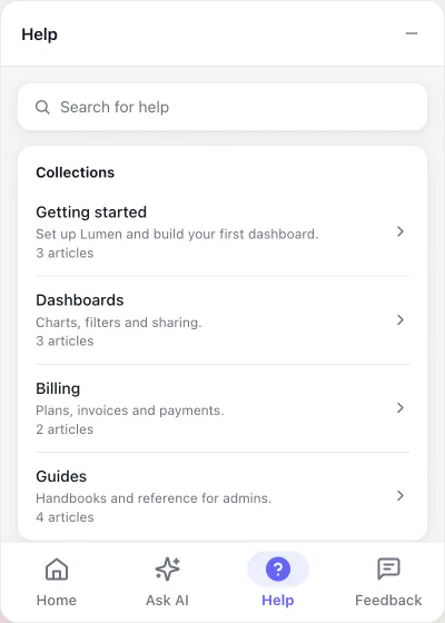 The widget's Help tab: search and the help center's categories