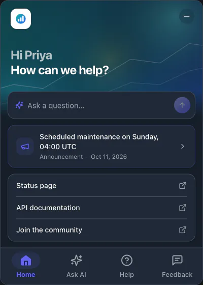 The widget's Home tab: a greeting, a question box, the latest announcement and links