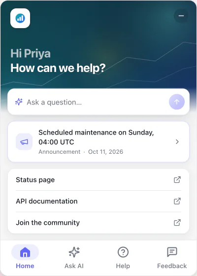 The widget's Home tab: a greeting, a question box, the latest announcement and links